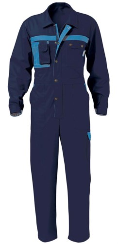 Overalls, multi-pocket, two-tone. Central button closure. Colour: blue and royal blue