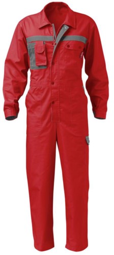 Overalls, multi-pocket, two-tone. Central button closure. Colour: red and grey