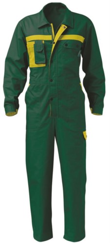 Overalls, multi-pocket, two-tone. Central button closure. Colour: Green and yellow 