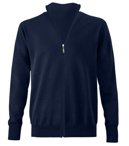 Unisex full zip sweater, elbow patches, ribs on the lower edges and cuffs, cotton and wool fabric
color navy blue
