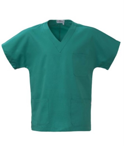 Unisex hospital jacket, V-neck, short sleeves, left chest pocket and applied right front pocket, color green