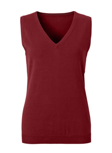 Women vest with V-neck, sleeveless, burgundy color, knitted fabric 100% cotton. Contact us for a free quote. 