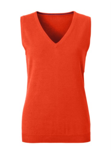 Women vest with V-neck, sleeveless, orange color, knitted fabric 100% cotton. Contact us for a free quote. 