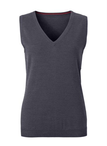 Women vest with V-neck, sleeveless, anthracite melange color, knitted fabric 100% cotton. Contact us for a free quote. 