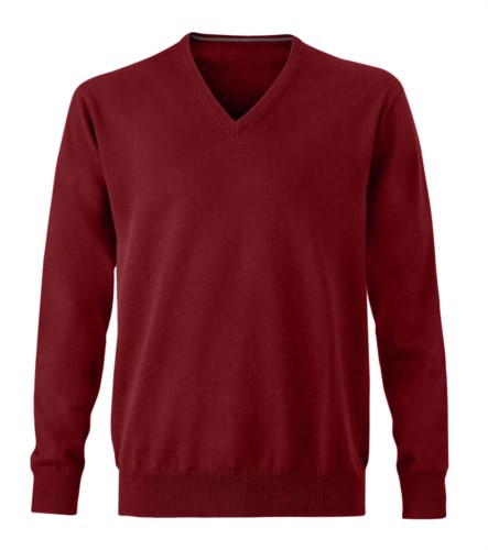 Men V-neck sleeveless sweater with elastic ribbed neckline and cuffs, 100% cotton knitted fabric. Color burgundy