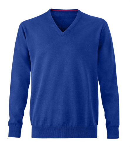 Men V-neck sleeveless sweater with elastic ribbed neckline and cuffs, 100% cotton knitted fabric. Color royal blue