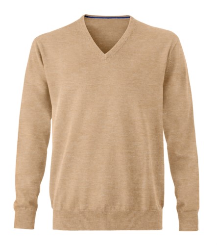 Men V-neck sleeveless sweater with elastic ribbed neckline and cuffs, 100% cotton knitted fabric. Color camel