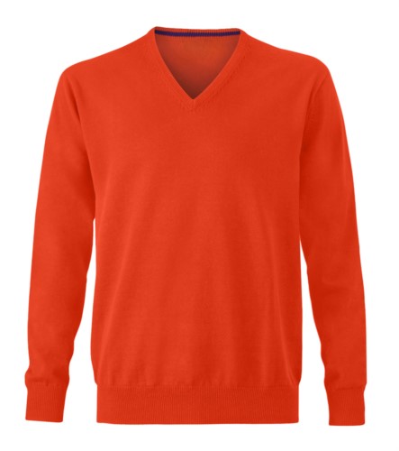 Men V-neck sleeveless sweater with elastic ribbed neckline and cuffs, 100% cotton knitted fabric. Color orange