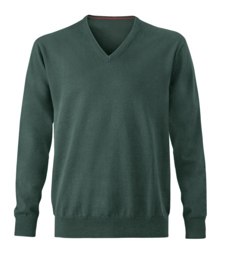 Men V-neck sleeveless sweater with elastic ribbed neckline and cuffs, 100% cotton knitted fabric. Color forest green