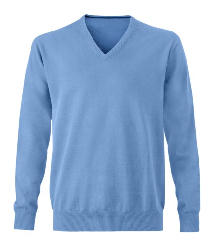 Men V-neck sleeveless sweater with elastic ribbed neckline and cuffs, 100% cotton knitted fabric. Color sky blue