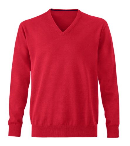 Men V-neck sleeveless sweater with elastic ribbed neckline and cuffs, 100% cotton knitted fabric. Color red