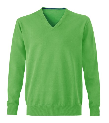 Men V-neck sleeveless sweater with elastic ribbed neckline and cuffs, 100% cotton knitted fabric. Color green