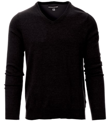 V-neck sweater with ribbed cuffs and waist, color black