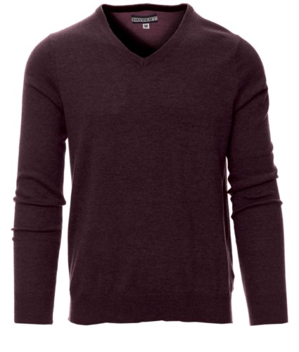 V-neck sweater with ribbed cuffs and waist, color burgundy