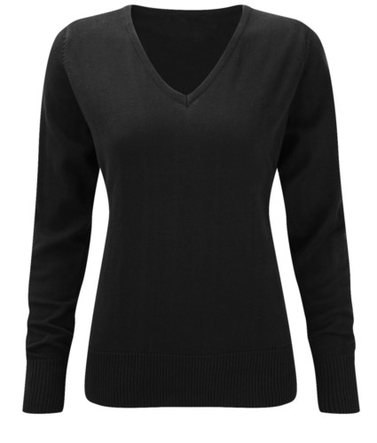 Women V-neck sweater with ribbed neck and cuffs, seamless, cotton and acrylic fabric
color black