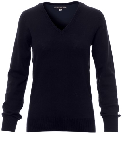 V-neck sweater  for women with ribbed cuffs and waist, color navy blue