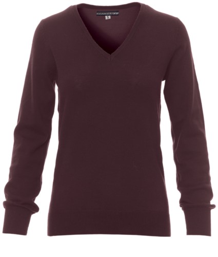 V-neck sweater  for women with ribbed cuffs and waist, color burgundy