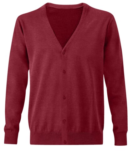 Men V-neck cardigan, classic cut model, ribbed neck and cuffs, central opening, cotton and acrylic fabric
color burgundy
