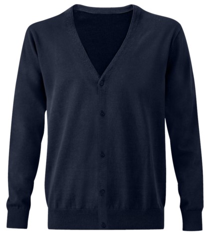 Men V-neck cardigan, classic cut model, ribbed neck and cuffs, central opening, cotton and acrylic fabric