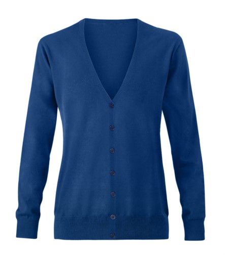 Women V-neck cardigan with ribbed neck and cuffs, central opening, cotton and acrylic fabric.
Color royal blue
