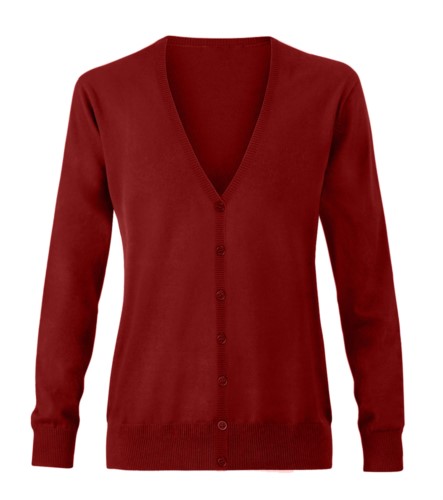 Women V-neck cardigan with ribbed neck and cuffs, central opening, cotton and acrylic fabric.
color burgundy
