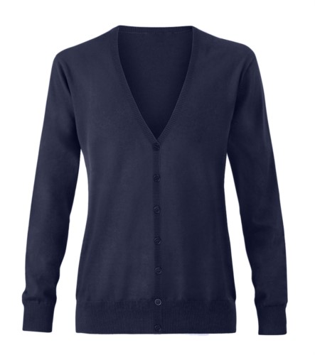 Women V-neck cardigan with ribbed neck and cuffs, central opening, cotton and acrylic fabric.
color navy blue

