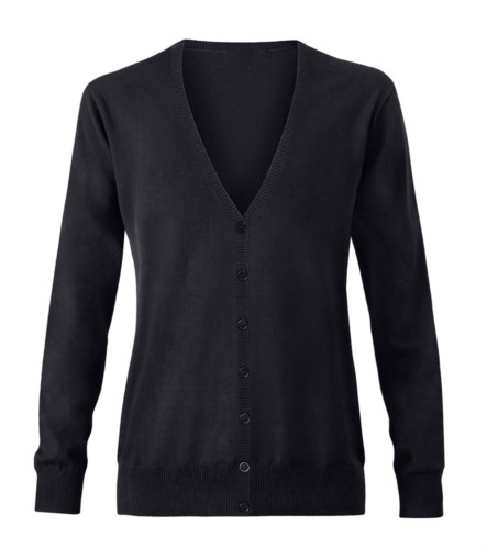 Women V-neck cardigan with ribbed neck and cuffs, central opening, cotton and acrylic fabric.
color black
