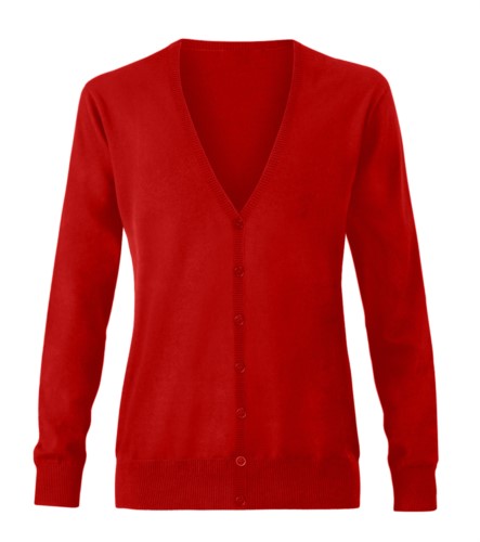 Women V-neck cardigan with ribbed neck and cuffs, central opening, cotton and acrylic fabric.
color red
