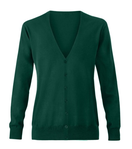 Women V-neck cardigan with ribbed neck and cuffs, central opening, cotton and acrylic fabric.
color bottle green
