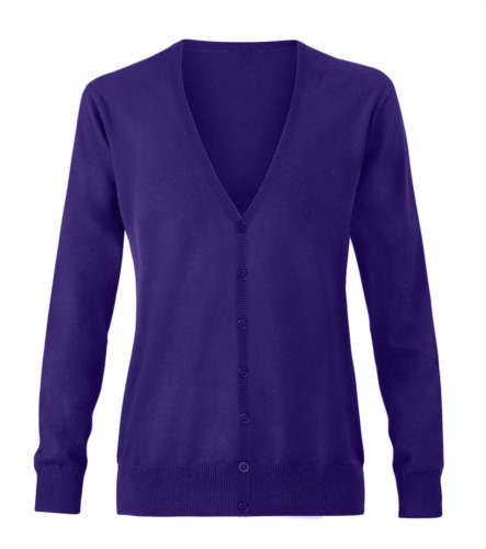 Women V-neck cardigan with ribbed neck and cuffs, central opening, cotton and acrylic fabric.
color purple