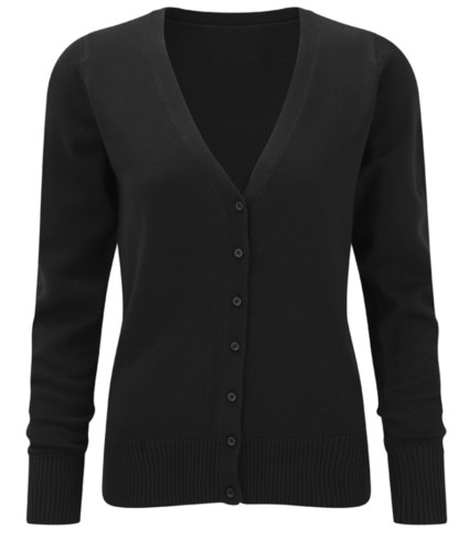 Women V-neck cardigan, classic cut, ribbed neck and cuffs, central opening, cotton and acrylic fabric
color black
