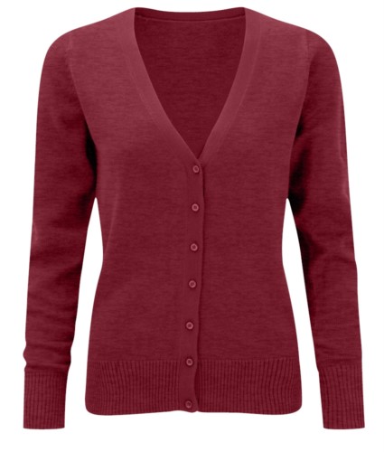 Women V-neck cardigan, classic cut, ribbed neck and cuffs, central opening, cotton and acrylic fabric
color burgundy
