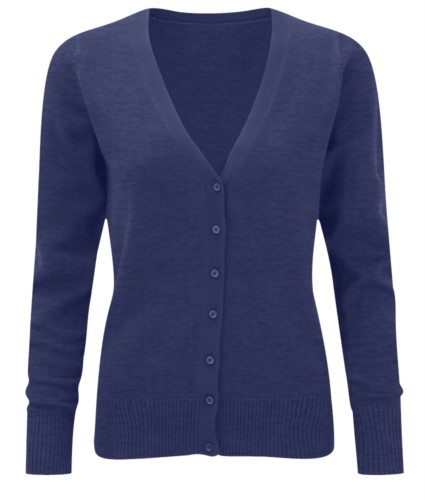 Women V-neck cardigan, classic cut, ribbed neck and cuffs, central opening, cotton and acrylic fabric royal blue
