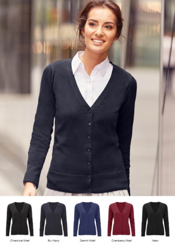 Women V-neck cardigan, classic cut, ribbed neck and cuffs, central opening, cotton and acrylic fabric

