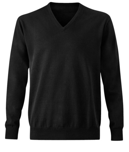 Men V-neck pullover with long sleeves, ribbed neck and cuffs, seamless, cotton and acrylic fabric
color black
