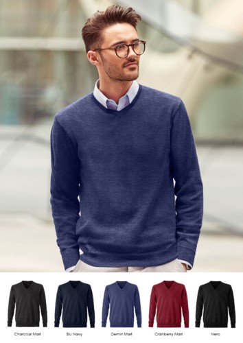 Men V-neck pullover with long sleeves, ribbed neck and cuffs, seamless, cotton and acrylic fabric
