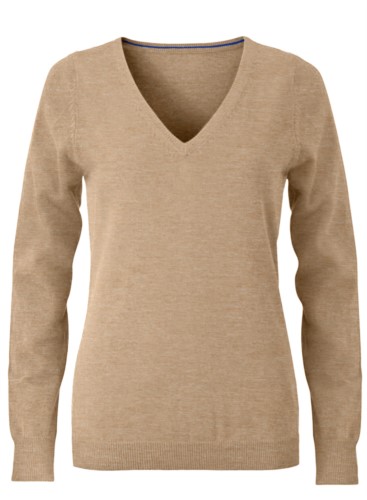 V-neck sleeveless sweater for women with elastic ribbed neckline and cuffs, 100% cotton knitted fabric. Color camel