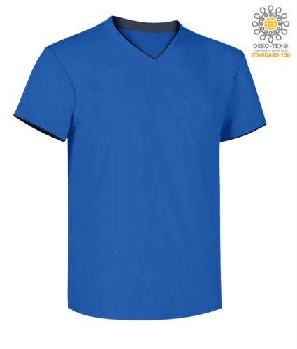 T-Shirt short sleeve V-neck, inner collar and bottom sleeve in contrast, color royal blue & blue