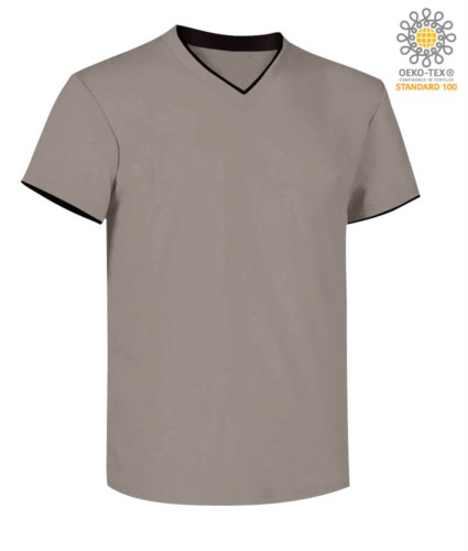 T-Shirt short sleeve V-neck, inner collar and bottom sleeve in contrast, color light grey & black 