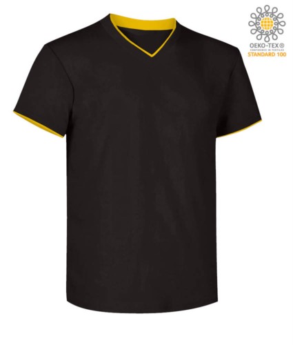 T-Shirt short sleeve V-neck, inner collar and bottom sleeve in contrast, color black & yellow 