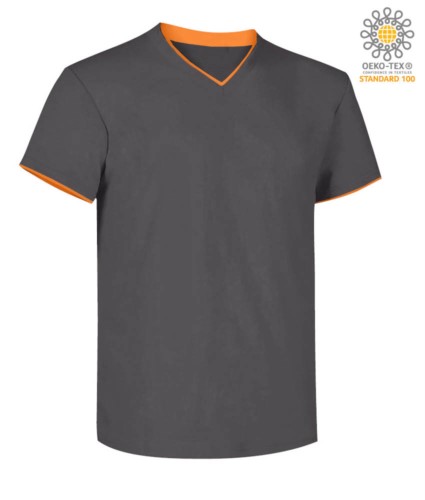 T-Shirt short sleeve V-neck, inner collar and bottom sleeve in contrast, color dark grey & orange 