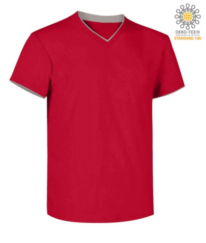 T-Shirt short sleeve V-neck, inner collar and bottom sleeve in contrast, color red & grey