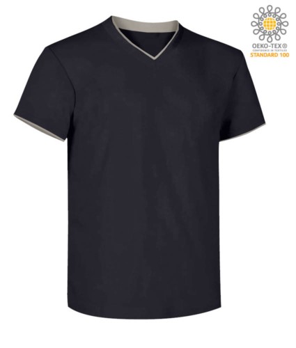 T-Shirt short sleeve V-neck, inner collar and bottom sleeve in contrast, color navy blue & grey