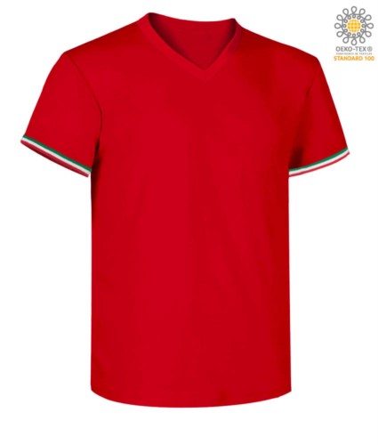 Men short sleeved T-shirt with three-coloured detail on cotton sleeve bottom, color red 