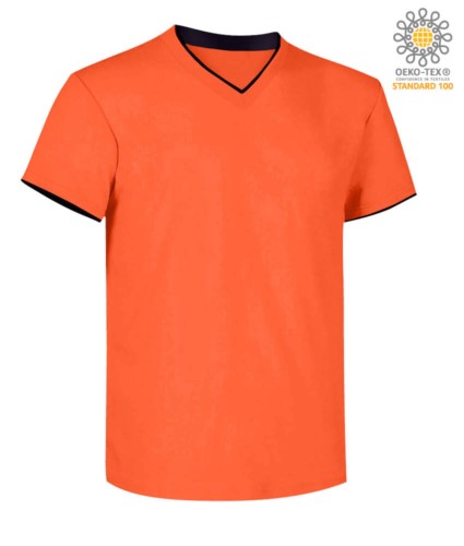 T-Shirt short sleeve V-neck, inner collar and bottom sleeve in contrast, color orange and black 
