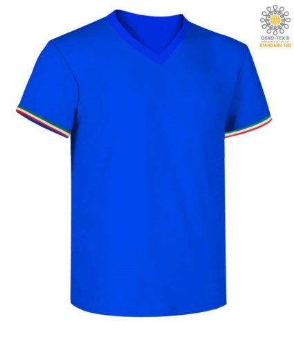 Men short sleeved T-shirt with three-coloured detail on cotton sleeve bottom, color koenigsblau