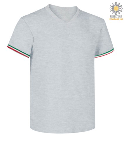 Short-sleeved T-shirt, V-neck, Italian tricolour on the bottom sleeve, color melange grey
