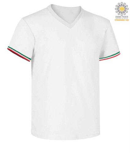 Short-sleeved T-shirt, V-neck, Italian tricolour on the bottom sleeve, color white