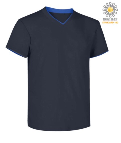 T-Shirt short sleeve V-neck, inner collar and bottom sleeve in contrast, color navy blue & light blue