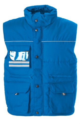 Rainproof padded multi pocket vest with badge holder, polyester and cotton fabric. Colour: royal blue